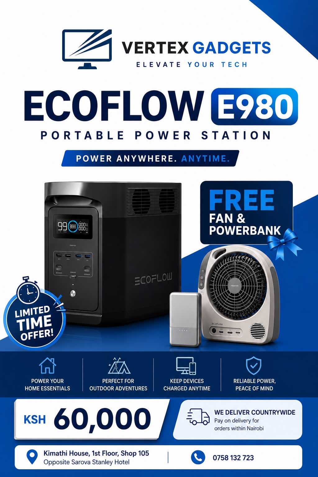 EcoFlow E980 Portable Power Station with Free Powerbank and Fan